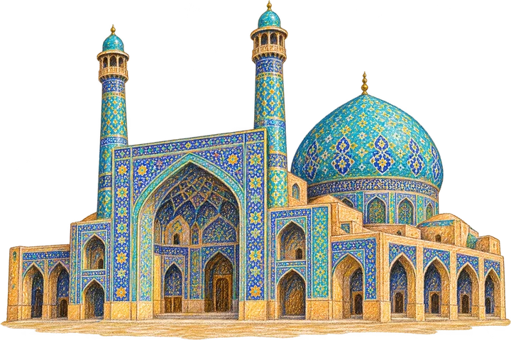 Chalk drawing of a Persian mosque with blue tiled domes and minarets